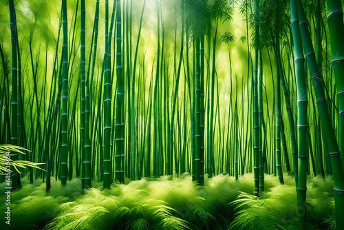 Bamboo forest and green meadow grass with natural light in blur style. 