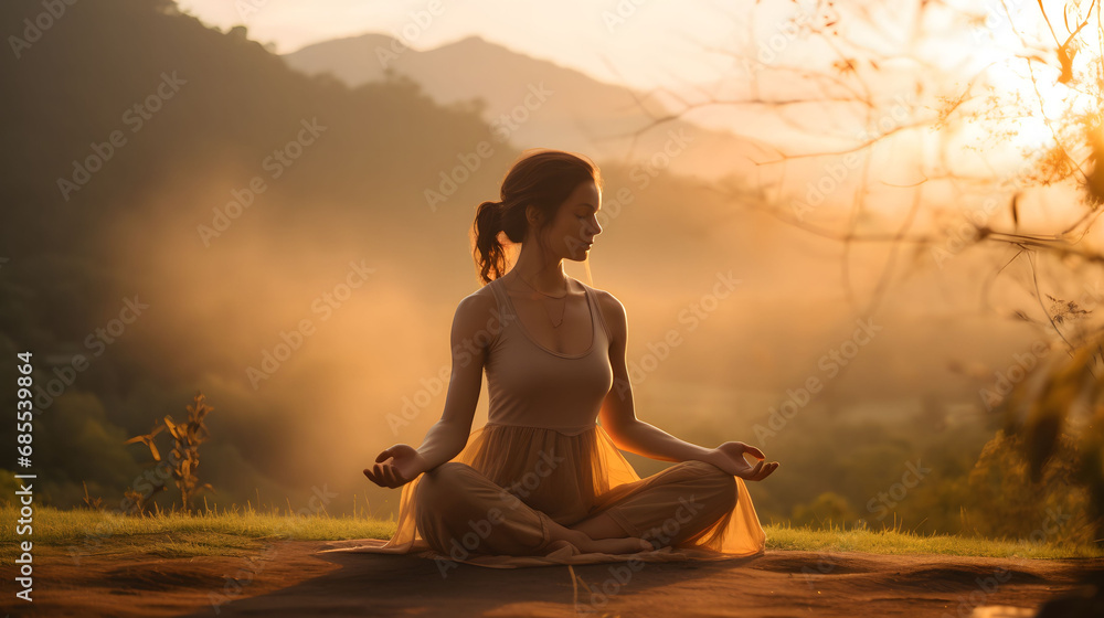 girl wearing a simple dress doing Yoga session at a top of mountain in a sunrise ,magical background with mountains and sunlight rays and sky, meditation yoga concept