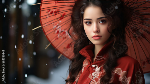 a girl in red Kimono with umbrella with white snow, Hokkaido, Japan. --ar 16:9 --style raw --stylize 750 --v 5.2 Job ID: 5dc13dd1-4fed-4743-b499-3ffa437cfd28