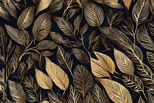 Luxury wallpaper design with Gold leaf and natural background. Leaves line arts design for fabric  