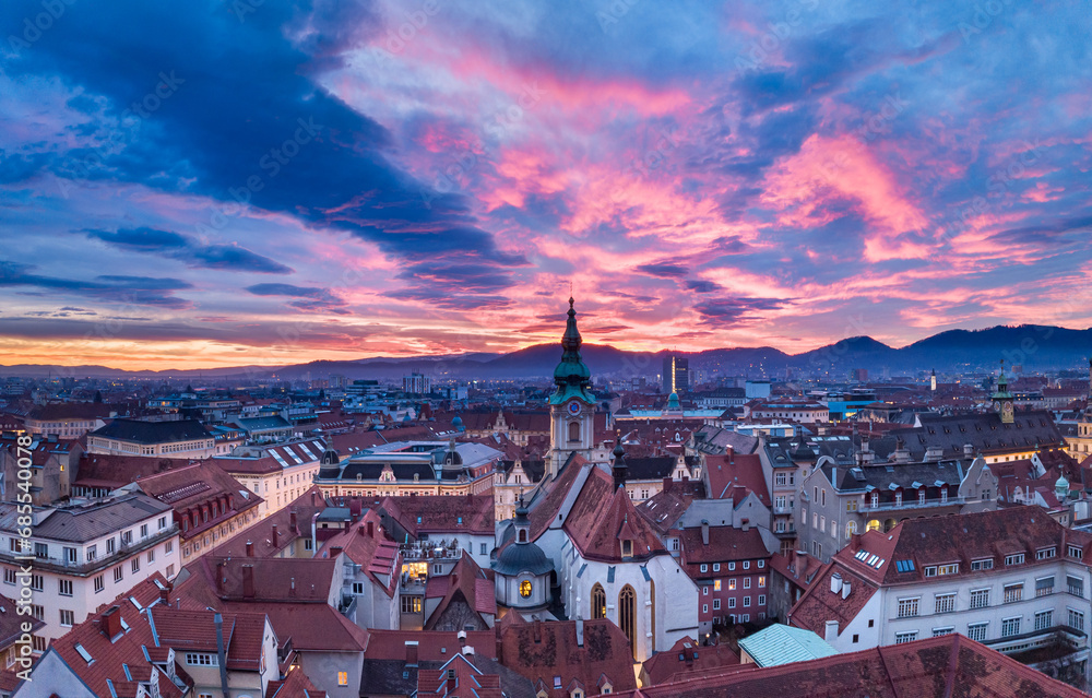 Aerial view of Graz and Stadtpfarre Holy Blood, Austria