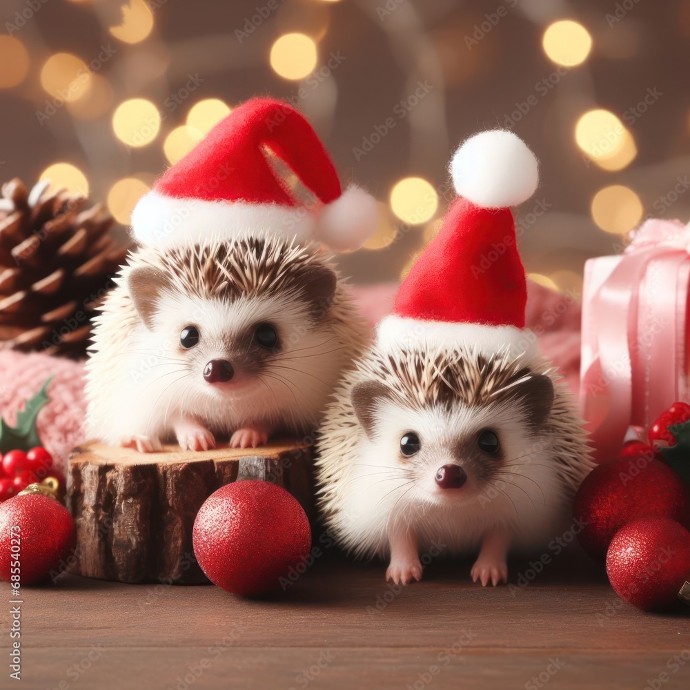 two cute little hedgehogs wearing christmas hats two cute little hedgehogs wearing christmas hats