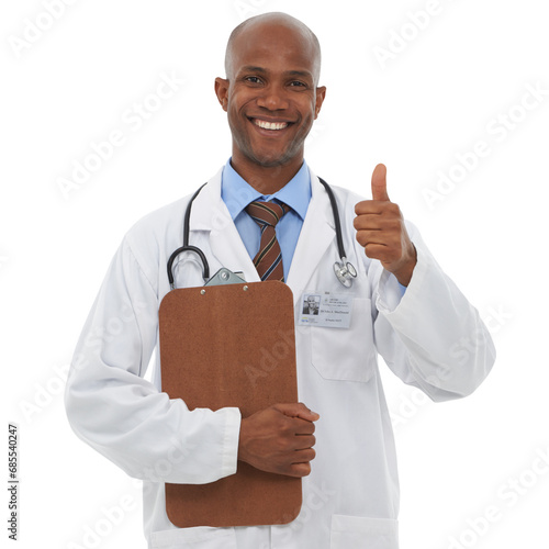 Thumbs up, clipboard and portrait of black man doctor doing research for diagnosis or treatment. Smile, healthcare and professional surgeon with checklist isolated by transparent png background.
