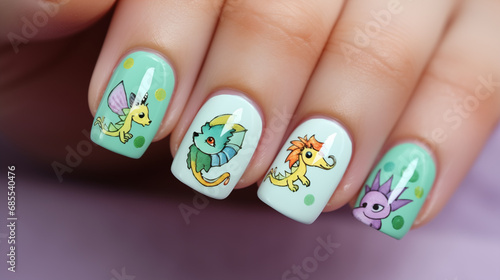 Christmas winter manicure with cute baby dragons. Nail Art for New Year's Celebration.	