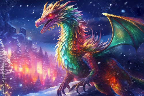 colorful glowing dragon in the winter night, fantasy illustration