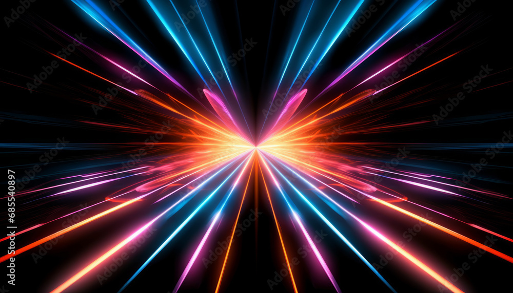 Dynamic neon beams burst with vivid colors on a black canvas. Dynamic neon beams burst with vivid colors on a black canvas.