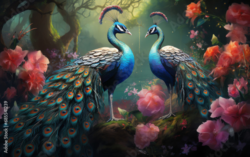peacocks are standing in a garden with flowers and trees