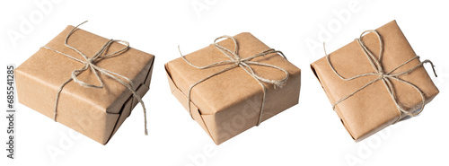 Gift wrapped in rustic paper tied with sisal twine, isolated on white or transparent background cutout.