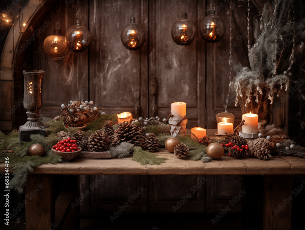 Rustic wooden table adorned with tastefully arranged Christmas decorations, showcasing festive ornaments, pinecones, and twinkling fairy lights - Generative AI