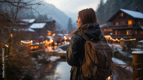 Young traveler admires snowy UNESCO village in twilight, Japan.