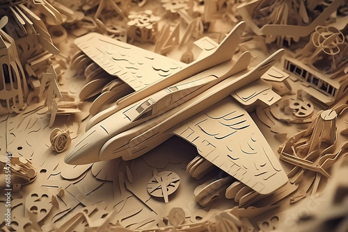 A paper art diorama of a military jet in the battle zone. Origami art. Paper quilling, paper cut.