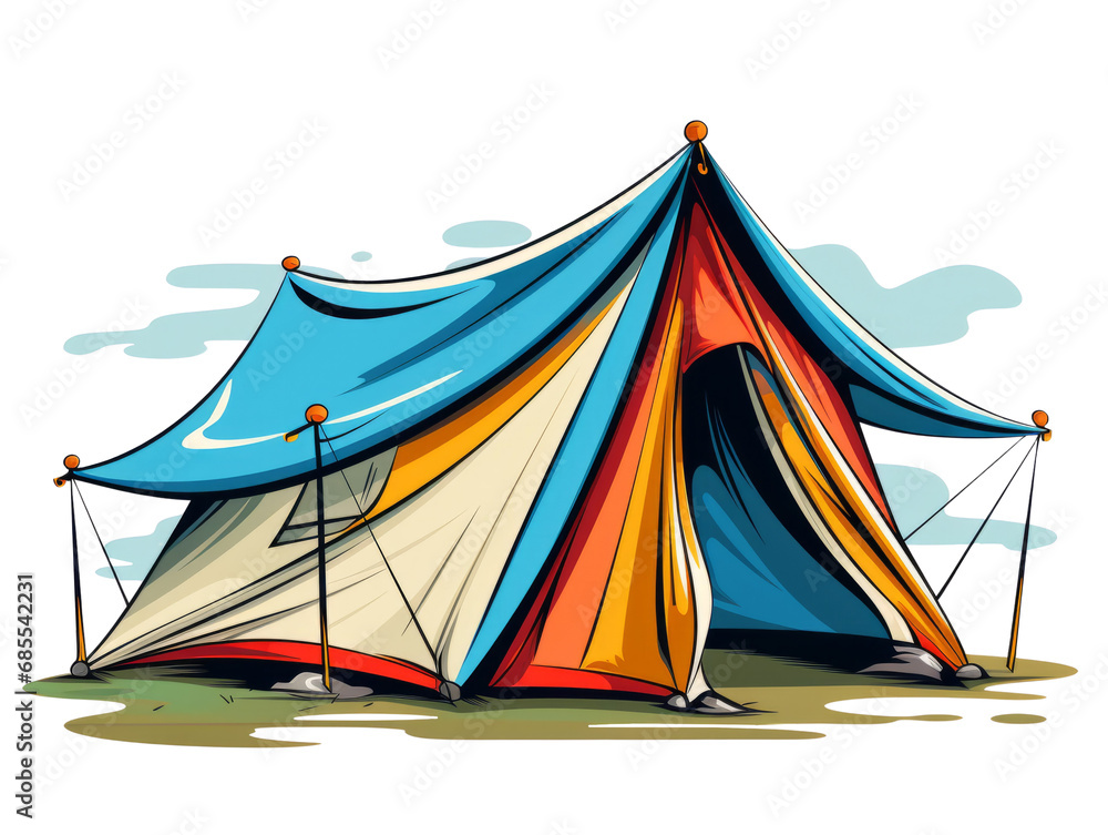 A vibrant camping tent illustration set up on a plain transparent background. Ideal for product placement. A vibrant camping tent illustration set up on a plain transparent background. Ideal for product placement.