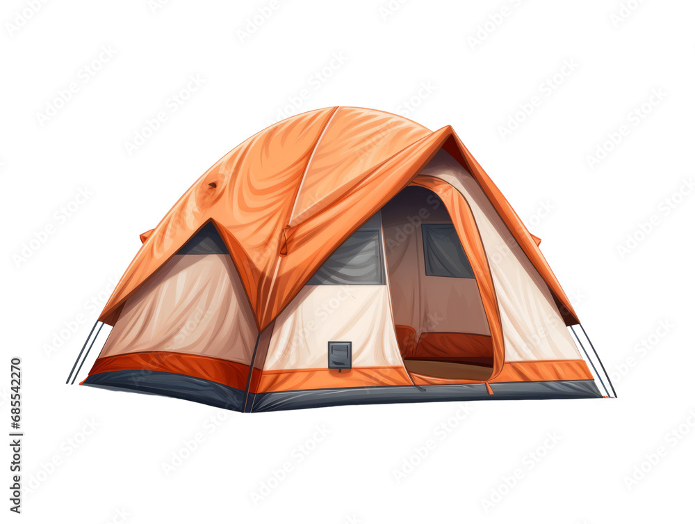 A vibrant camping tent illustration set up on a plain transparent background. Ideal for product placement.