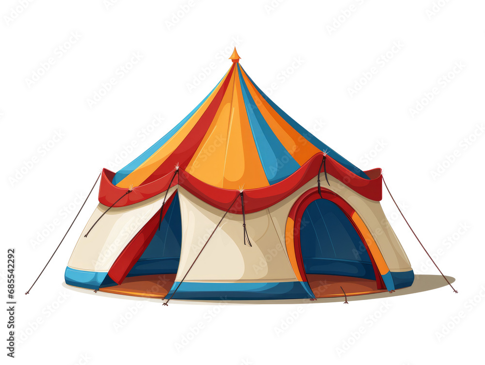 A vibrant camping tent illustration set up on a plain transparent background. Ideal for product placement.