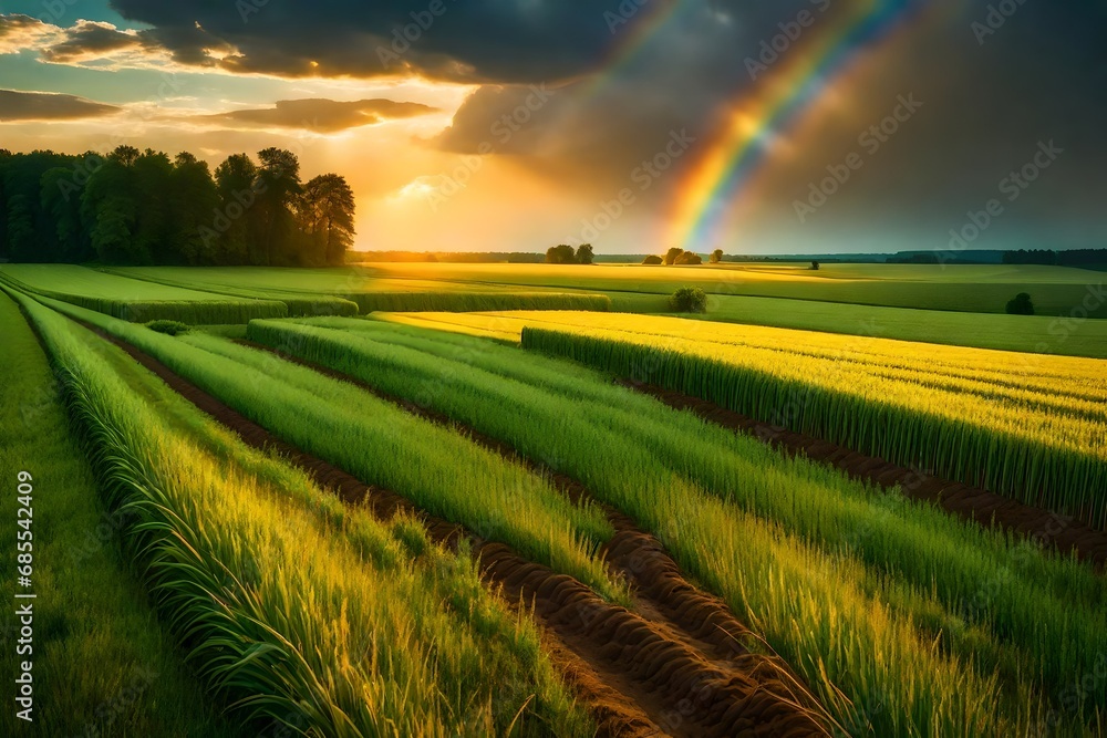 Tranquil agricultural landscape with a magical rainbow at sunset. Agrarian land of Ukraine, Europe. Force of nature.
