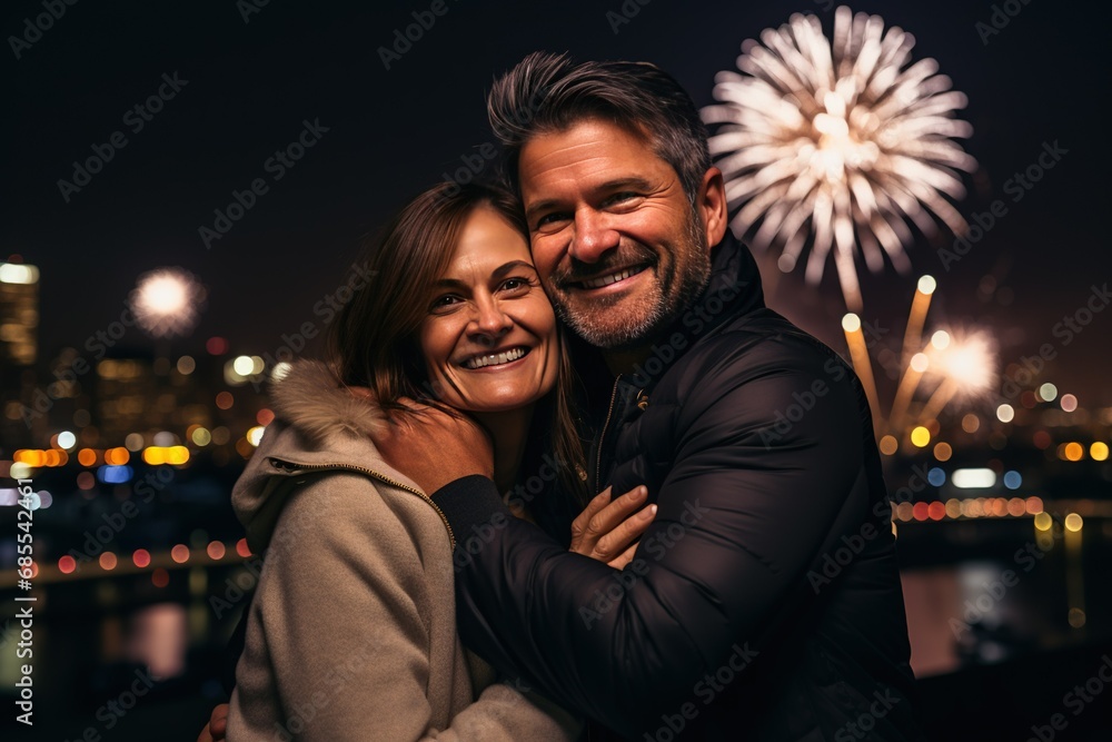 Portrait photography of a couple in their 40s smiling in a mesmerizing fireworks display over a city skyline background