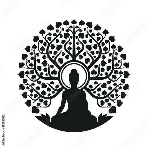 Black Buddha Meditation with radiate glow sit under bodhi tree with leafs heart shape abstract modern circle style vector design photo
