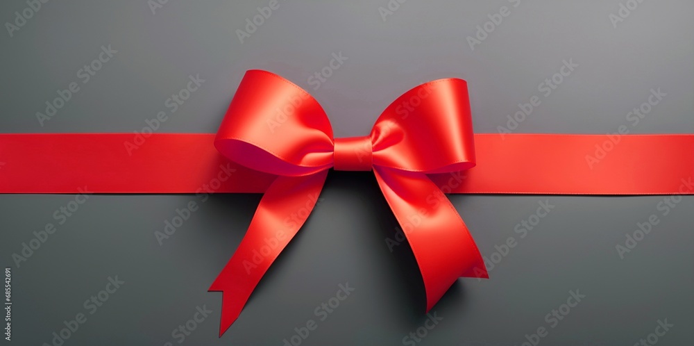 Top view of red ribbon with a bow for a present, gift box on a gray background. Concept of Christmas, birthday, anniversary, Xmas, Valentine's Day, proposal Top view of red ribbon with a bow for a present, gift box on a gray background. Concept of Christmas, birthday, anniversary, Xmas, Valentine's Day, proposal