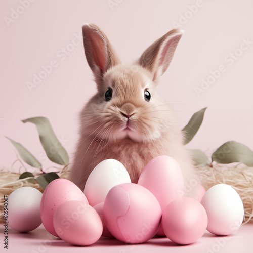 Cute easter bunny and pink Easter eggs. Greeting card print. © Nadja