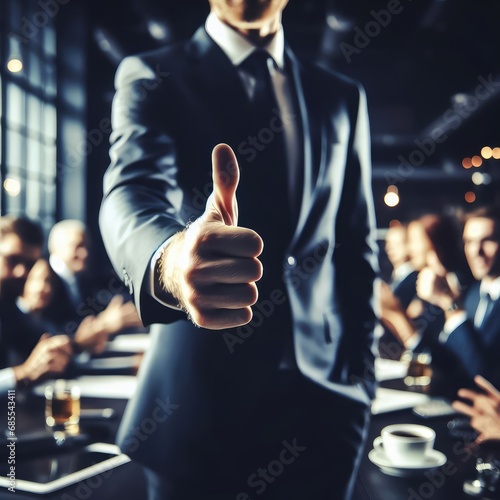 Hands showing thumbs up with business men endorsing, giving approval or saying thank you as a team in the office photo