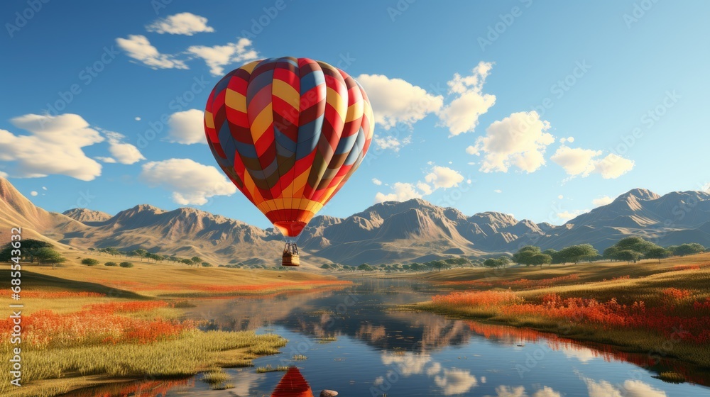 Fototapeta premium Colorful balloons float above mountains, rivers, and seas of mist.