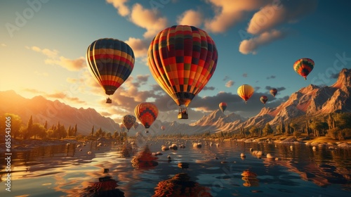 Colorful balloons float above mountains, rivers, and seas of mist. photo