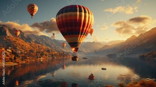 Colorful balloons float above mountains, rivers, and seas of mist.