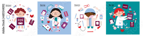 Set of Kids doctor , boy and girl in medical uniform. Cartoon stethoscope, syringe, thermometer, pill, plaster, instruments for dental and radiologist , hospital play vector set. Children with medic photo