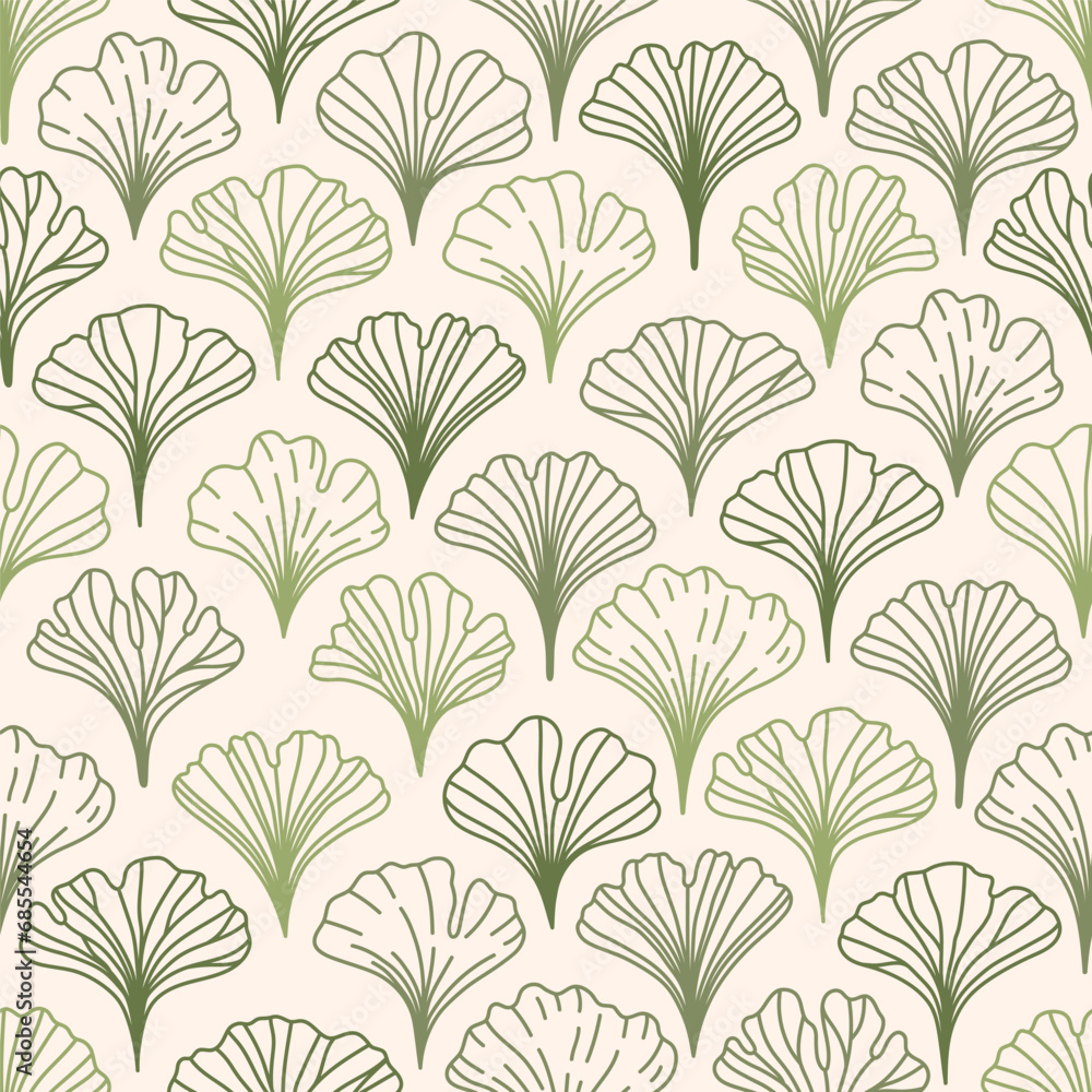 Botanical seamless pattern with hand drawn leaves ginkgo biloba. Natural design at soft and soothing abstract leaf, nature inspired..Print in calm colors