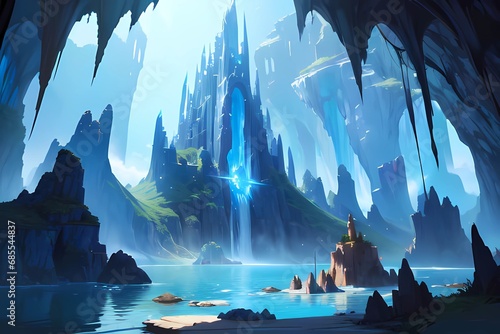 RPG風地帝国の湖と謎の城イラスト