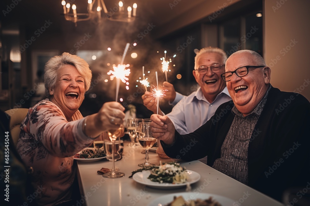 Group of joyful seniors celebrating with sparklers at a dinner party, laughing and enjoying the moment together indoors.