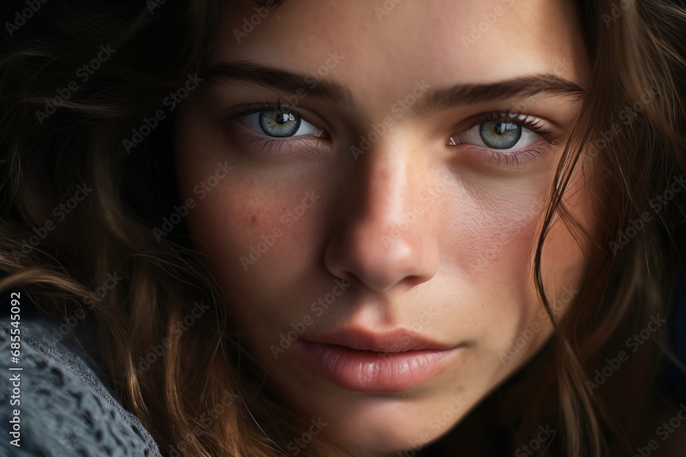 Close-up portrait of a young woman with blue eyes and natural makeup, expressing subtle emotion. Close-up portrait of a young woman with blue eyes and natural makeup, expressing subtle emotion.