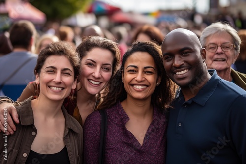 Group of diverse friends smiling together at an outdoor event.