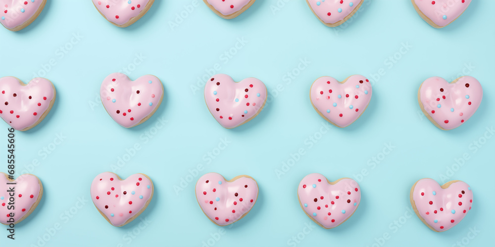 Pattern of pink heart-shaped homemade cookies sprinkled with confetti on a pastel cyan backdrop. Banner, aerial view, flat layout. Birthday, Valentine's day and Woman day present Pattern of pink heart-shaped homemade cookies sprinkled with confetti on a pastel cyan backdrop. Banner, aerial view, flat layout. Birthday, Valentine's day and Woman day present
