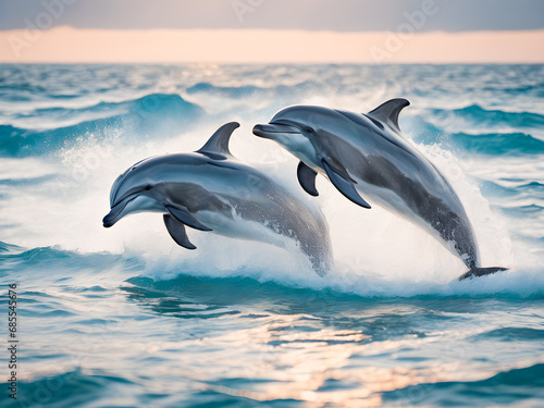Dolphins jumping out of the water. Dolphins in the ocean. © wannasak