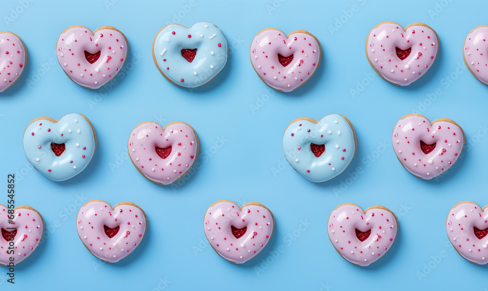 Pattern of pink and blue frosted heart-shaped homemade cookies sprinkled with colorful confetti on a pastel backdrop. Banner, aerial view, flat layout. Birthday, Valentine's day and Woman day present Pattern of pink and blue frosted heart-shaped homemade cookies sprinkled with colorful confetti on a pastel backdrop. Banner, aerial view, flat layout. Birthday, Valentine's day and Woman day present