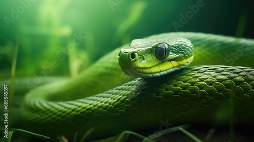 Close up of a green snake slithering through long green grass.