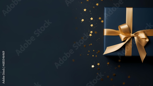 Dark blue gift box with gold satin ribbon on dark background. Top view of birthday gift with copy space for holiday or Christmas present © liang