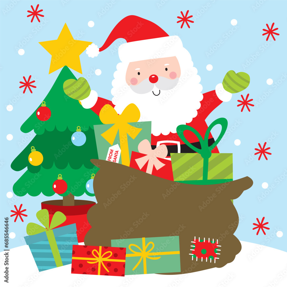 Fototapeta premium Cute Santa Claus with Christmas Tree and Gifts