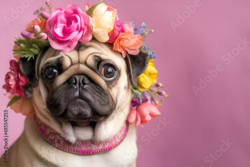 Animal Nature Concept. Pug dog wearing a crown of floral fresh pastel spring wreath flowers, commercial, editorial advertisement, surreal surrealism. copy space 