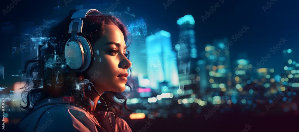 Fototapeta premium Young woman listening to music on headphones double exposure in the city at night