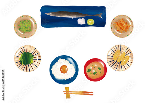 水彩風　和食（サンマ・卵かけご飯・味噌汁・ほうれん草・金平・卵焼き・枝豆）セットWatercolor Style Cooking Series:Japanese meal set (Saury, rice with raw egg, miso soup, spinach, kinpira, tamagoyaki (rolled omelet), edamame)