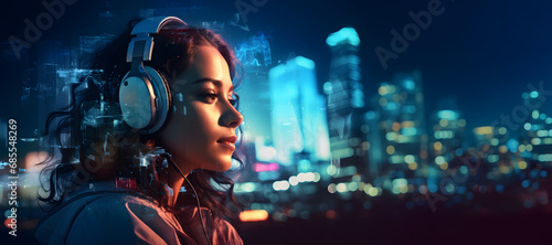 Young woman listening to music on headphones double exposure in the city at night