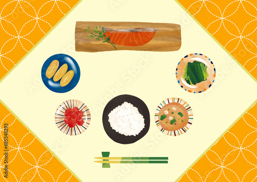 水彩風　和食（焼き鮭・白米・味噌汁・ほうれん草・卵焼き・梅干し）セットWatercolor Style Cooking Series:Japanese food (grilled salmon, white rice, miso soup, spinach, omelet, pickled plum)