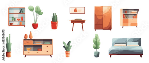 Set of home interior furniture on white background.