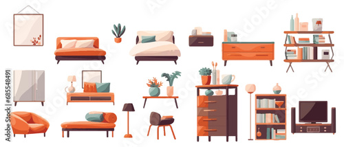 Set of home interior furniture on white background.