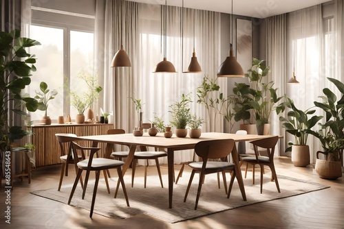 Stylish and botany interior of dining room with design craft wooden table  chairs  