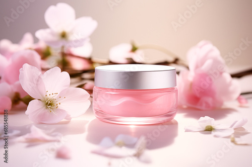Face Cream in Glass Jar, Pink and Beige Colors, Branches and Flowers on Background, AI Generative