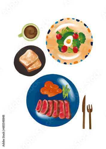 水彩風　洋食（ステーキ・アスパラ・人参グラッセ・パン・ゆで卵・サラダ・ブロッコリー・プチトマト・コーヒー）セットWatercolor Style Cooking Series:Watercolor Western-style meal set (steak, asparagus, glazed carrots, bread, boiled egg, salad, broccoli....)