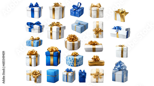 A collection of white and blue gift wrapped Christmas, birthday or valentines presents with gold ribbon bows isolated against a transparent background